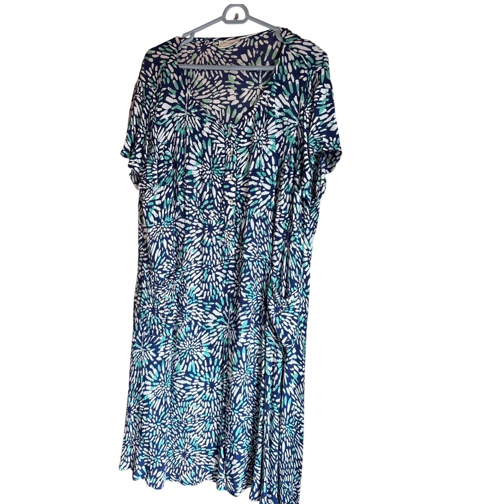 Komil Womens Blue Green Abstract Sunburst Rayon Button Front Midi Dress XL